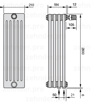 Схема (чертеж) Радиатор Zehnder Charleston 6280/4 №V002 Белый глянцевый RAL 9016
